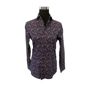 Express Slim Tailored XS Navy Floral Button Up Professional Career Work
